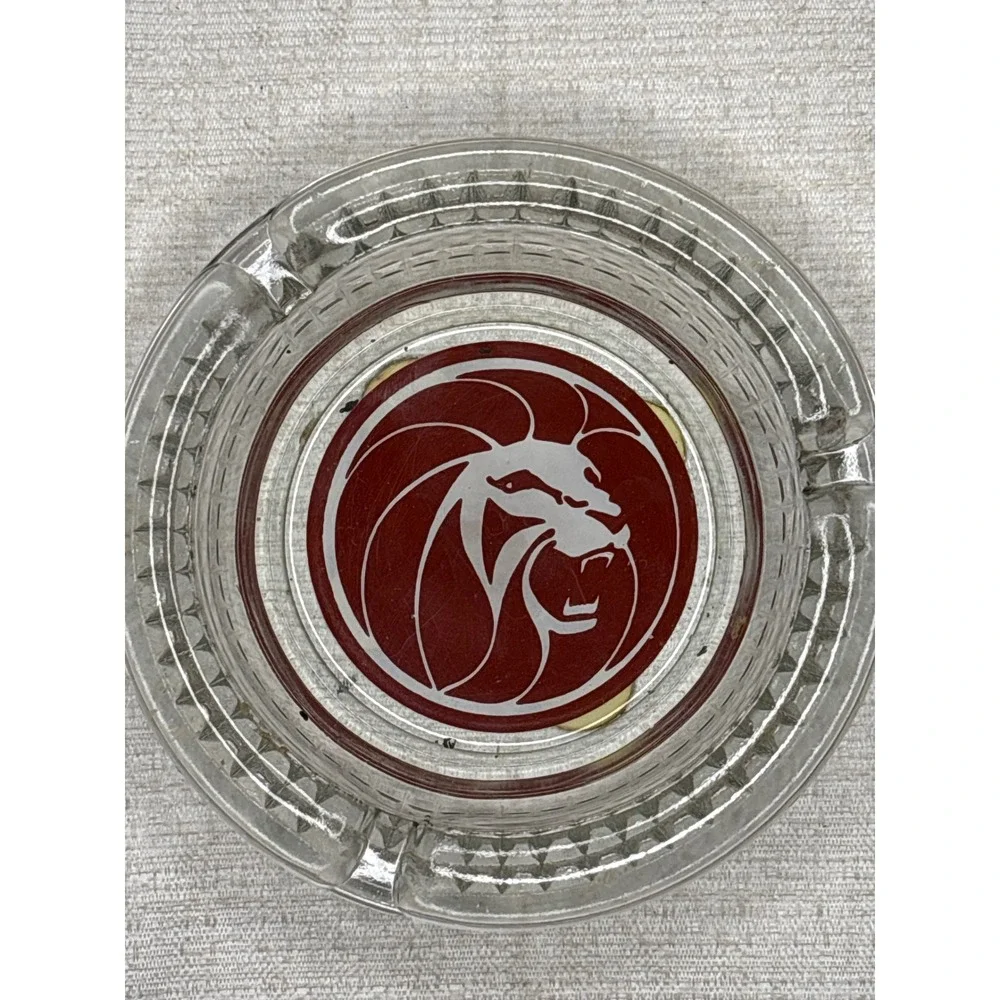 Vintage MGM Hotel Glass Ashtray Lion Logo‎ Red White Diamond Cut MCM Decor
